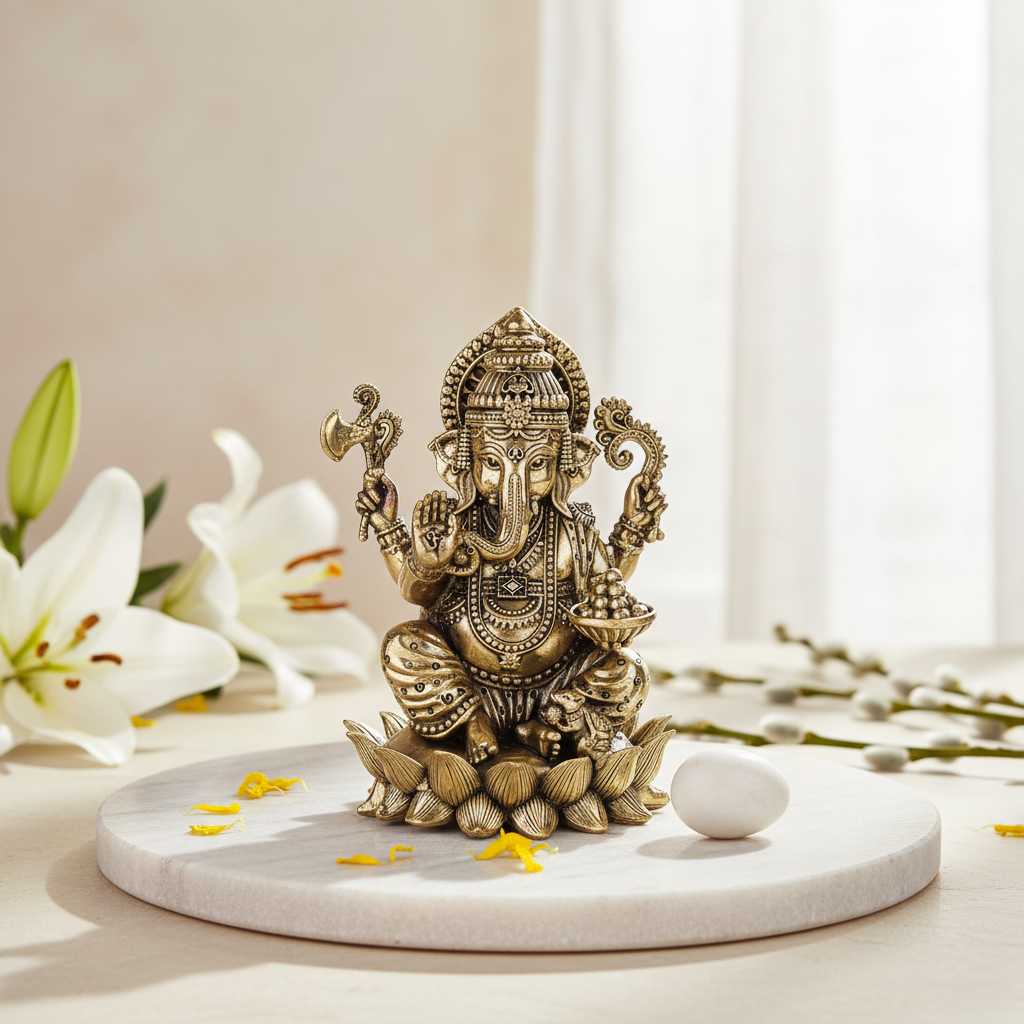 Antique Brass Lord Ganesha Idol – Lotus Base Pooja Murti
