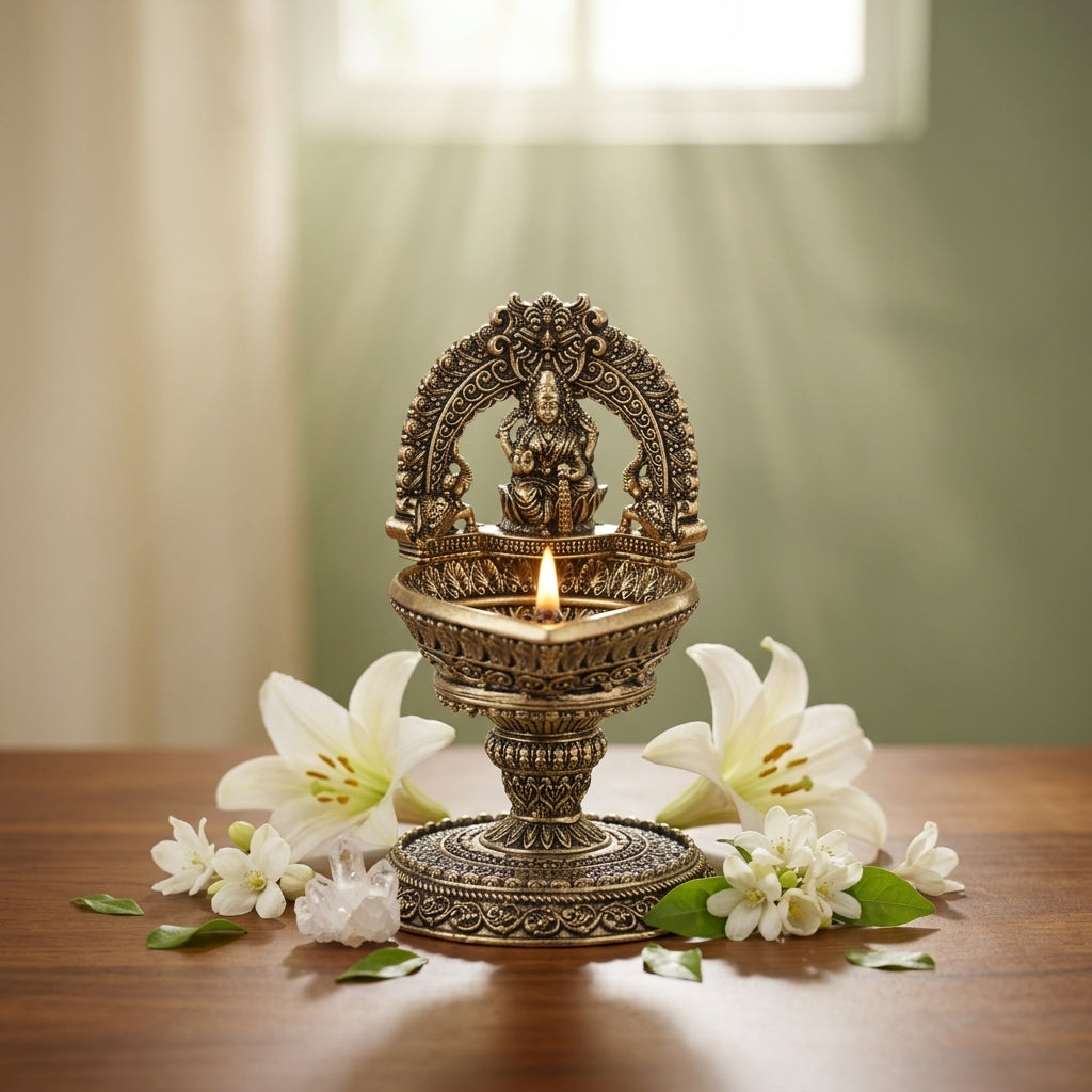 Antique Brass Lakshmi Diya Stand with Arch | Goddess Lakshmi Oil Lamp