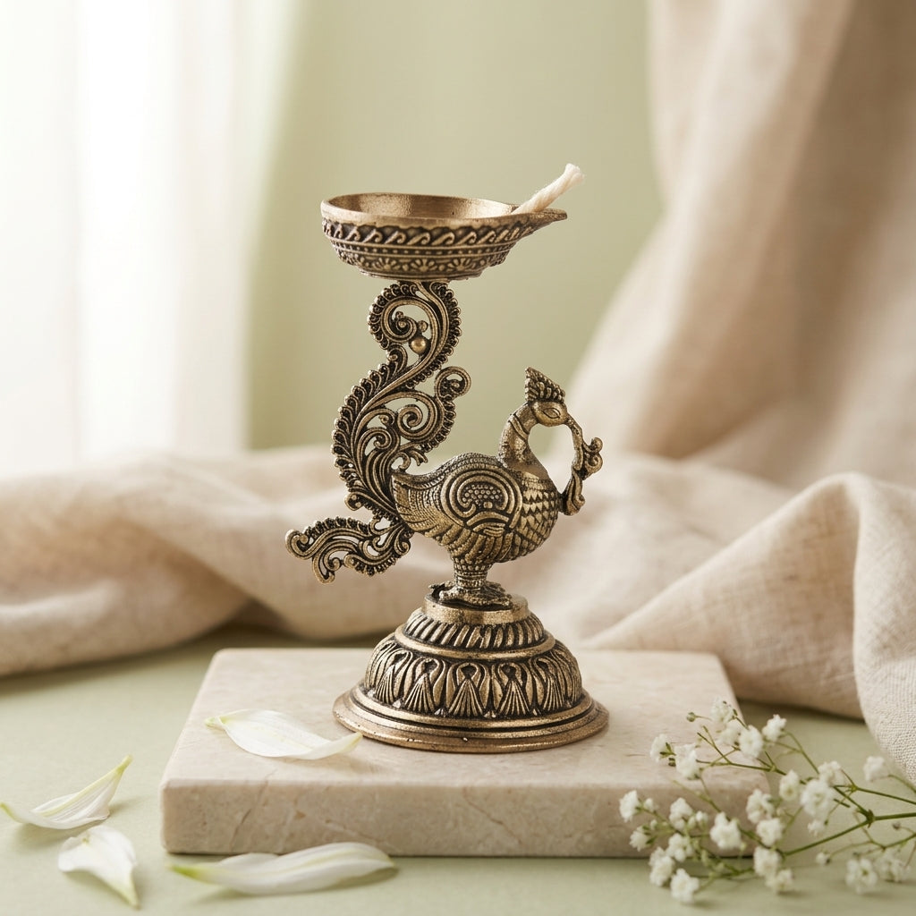 Antique Brass Peacock Diya Oil Lamp | Decorative Brass Diya for Pooja