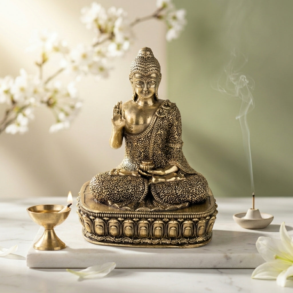 Antique Brass Meditating Buddha Idol – Peace & Mindfulness Statue