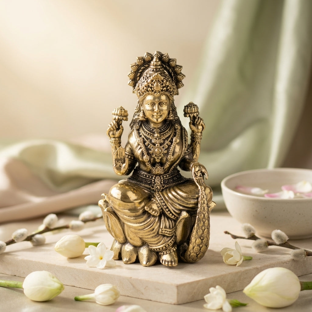 Antique Brass Goddess Lakshmi Idol Sitting on Lotus | Laxmi Murti