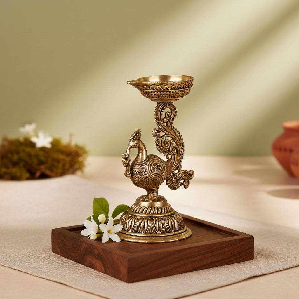 Fine Brass Peacock Diya Oil Lamp for Home Temple & Décor – Medium Size