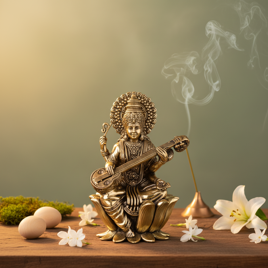 Antique Brass Goddess Saraswati Sitting on Lotus Idol