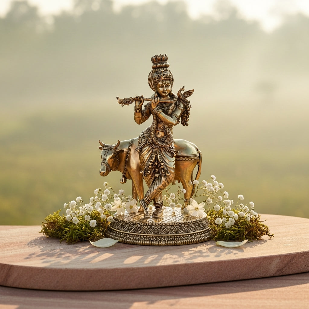 Fine Brass Krishna Cow Idol – Medium Size