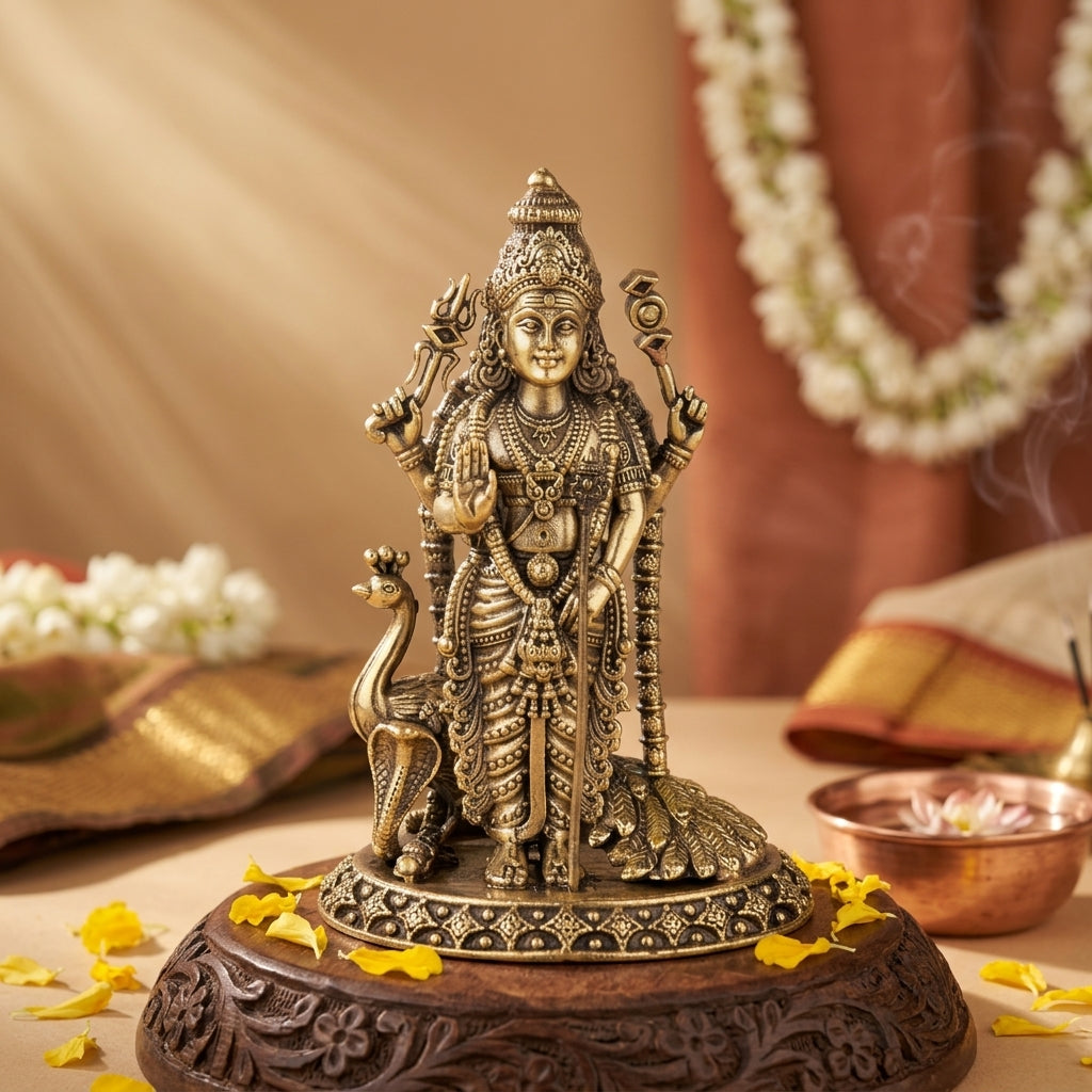 Antique Brass Lord Kartikeya Murugan Idol with Peacock | Subramanya Swamy Statue