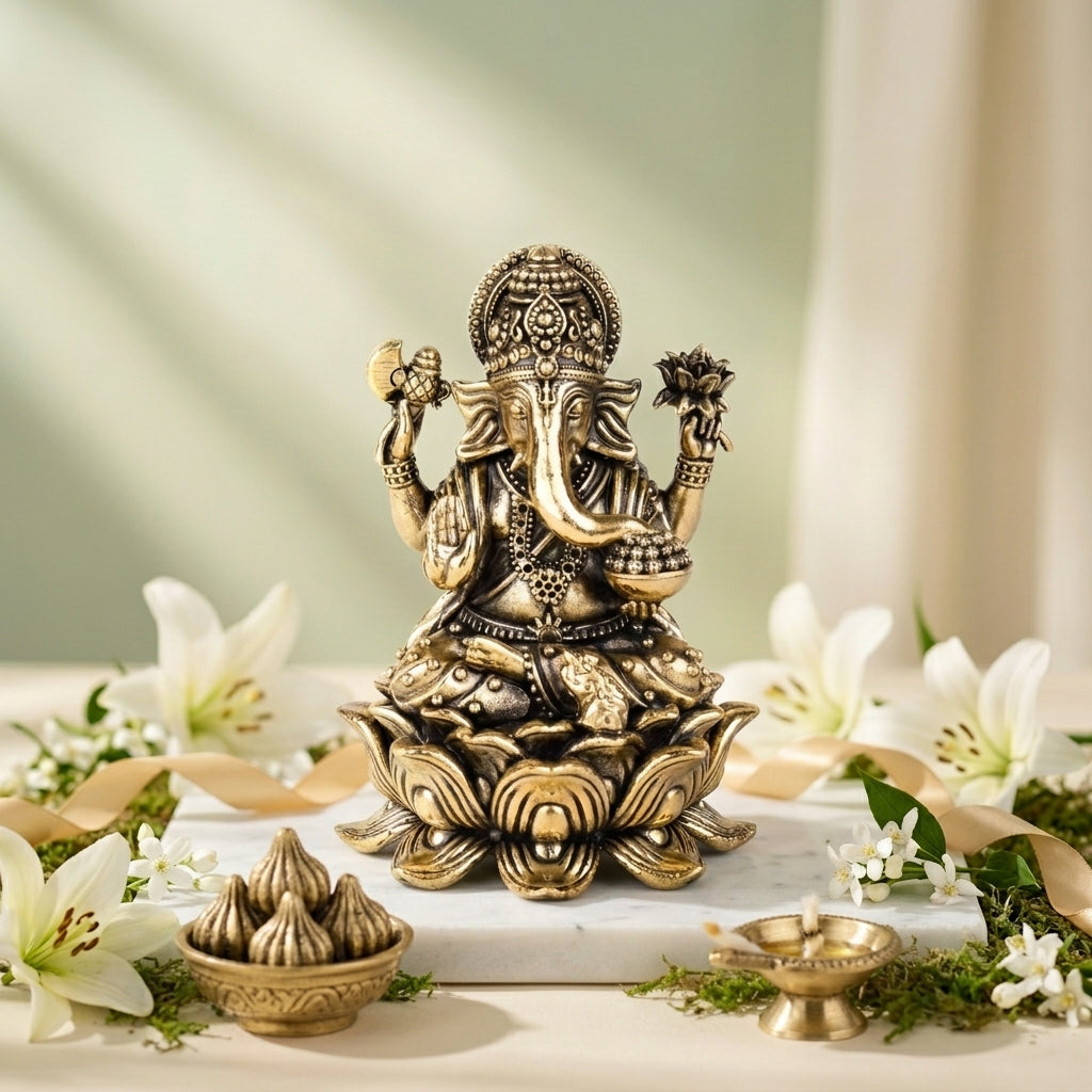 Antique Brass Ganesh Idol – Premium Lotus Base Showpiece