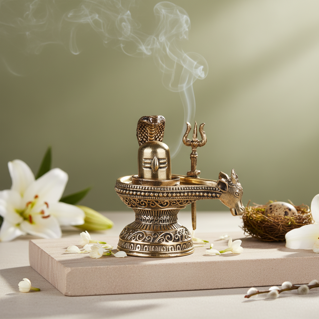 Antique Brass Shivling with Nandi and Trishul | Small Handcrafted Shiva Lingam