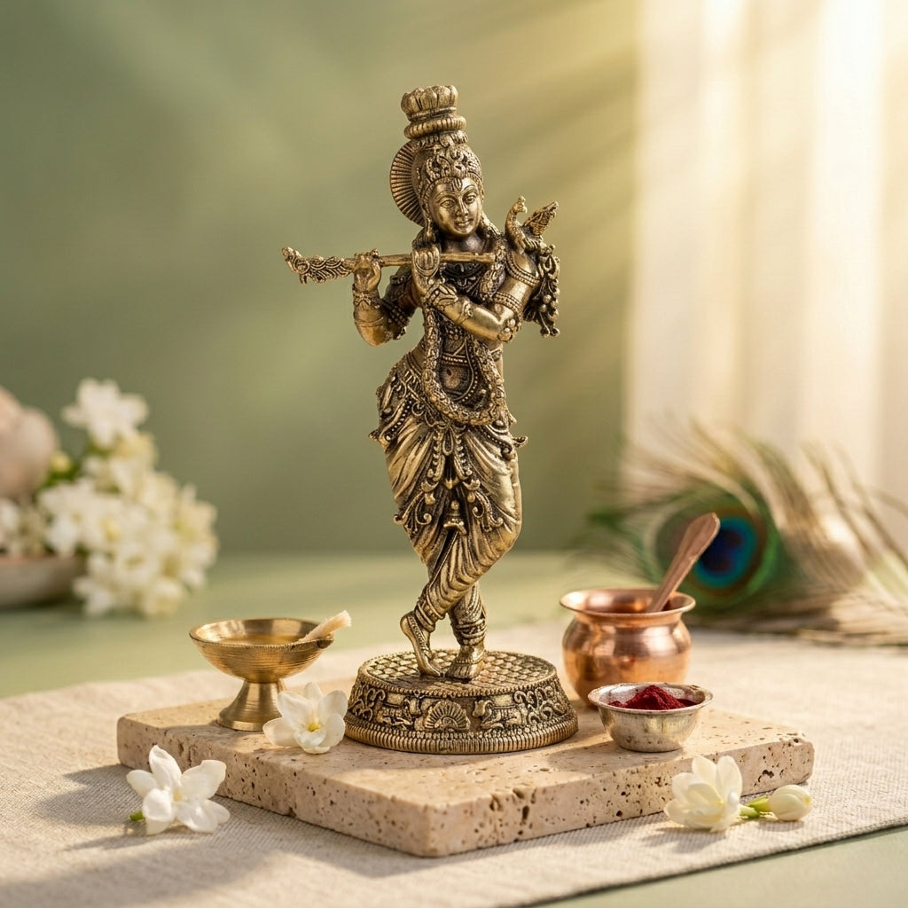 Antique Brass Standing Krishna Idol – Flute Kanha Murti for Love & Harmony