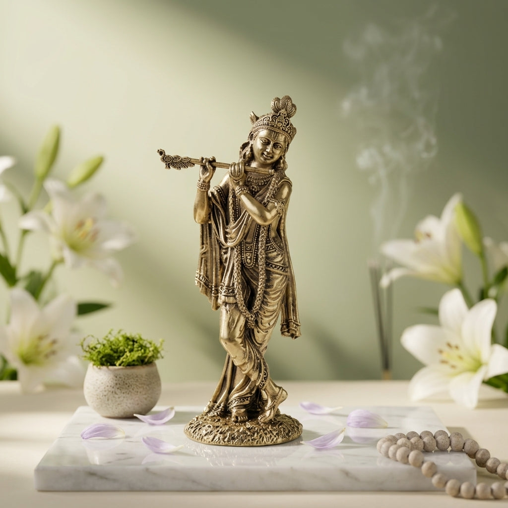 Antique Brass Krishna Idol Playing Flute – Kanha Murti for Love & Peace