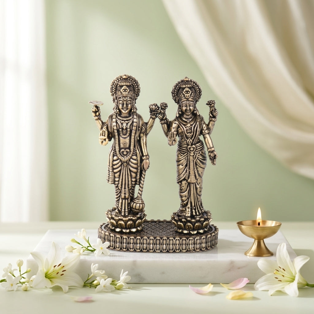 Antique Brass Lakshmi Vishnu Idol Set | Fine Brass Laxmi Narayan Murti