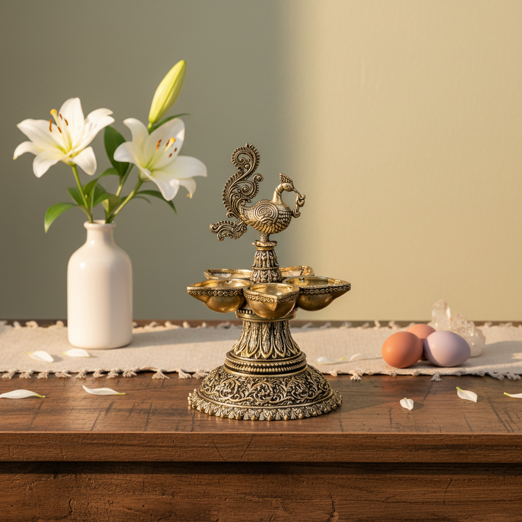 Antique Brass Peacock Diya – Multi Wick Oil Lamp for Pooja & Home Décor