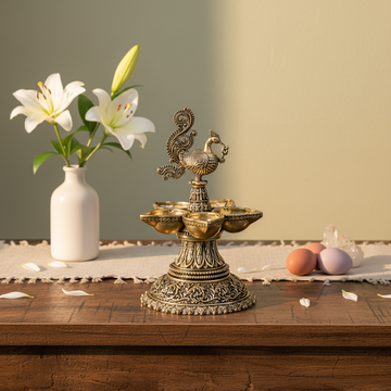 Antique Brass Peacock Diya – Multi Wick Oil Lamp for Pooja & Home Décor