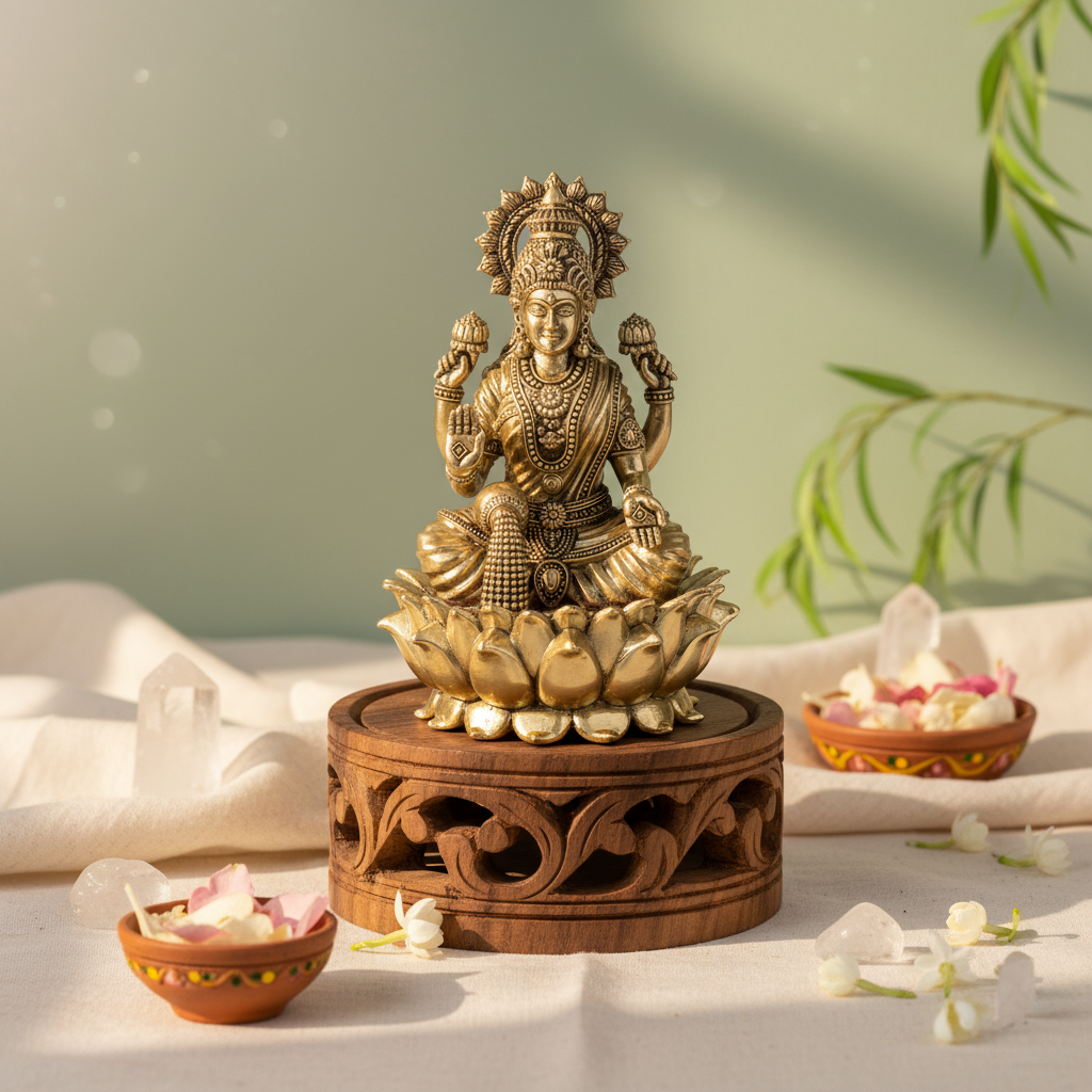Fine Brass Goddess Lakshmi Idol on Lotus – Medium Size