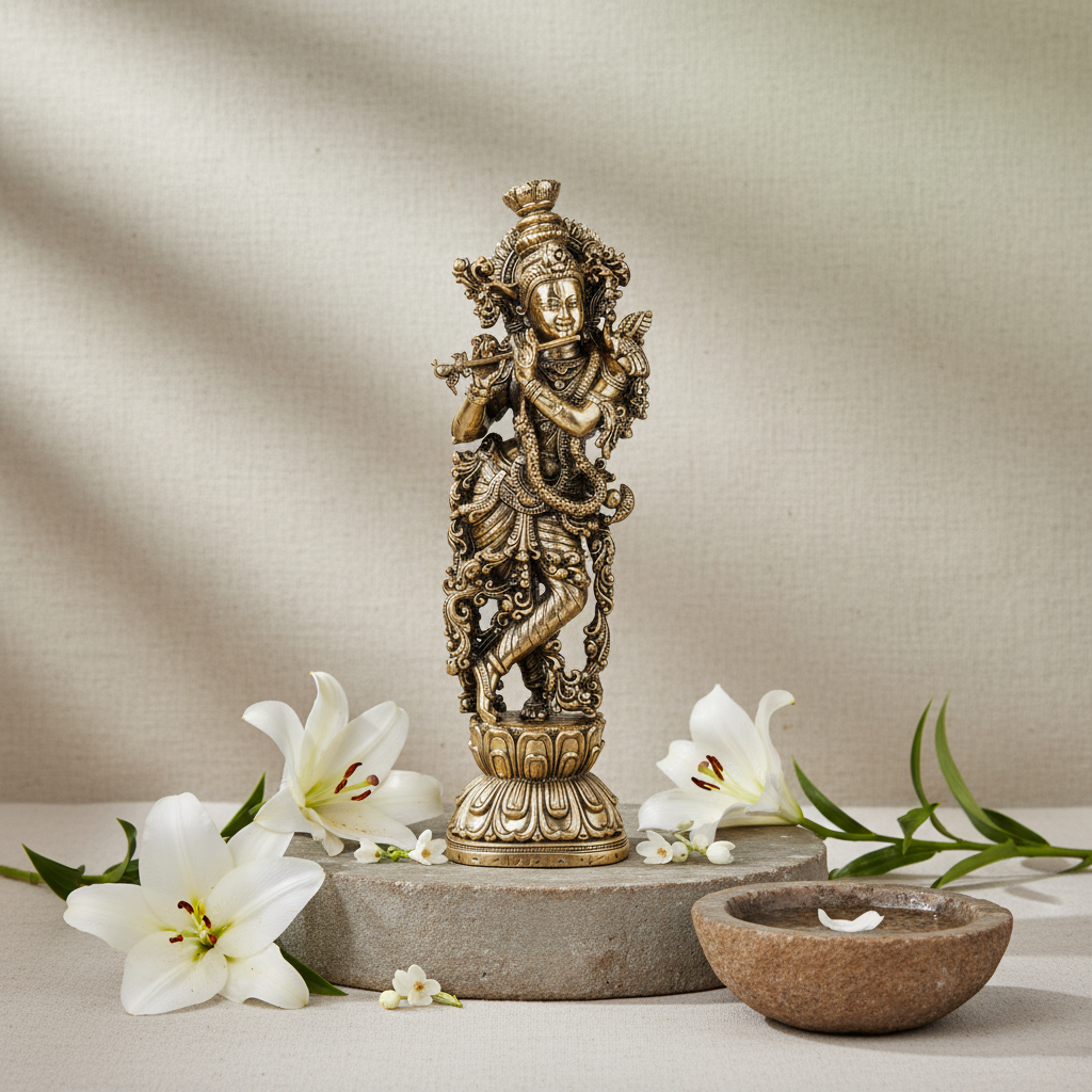 Antique Brass Lord Krishna Playing Flute Idol | Fine Brass Murli Manohar Murti