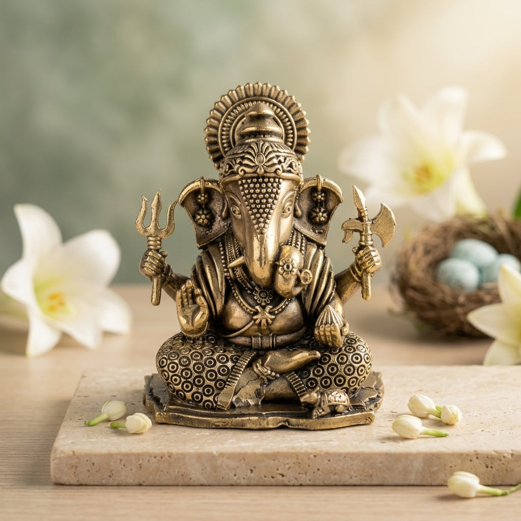 Antique Brass Lord Ganesha Idol with Trishul & Axe | Ganpati Murti