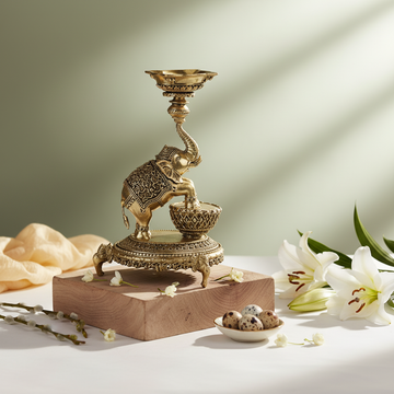 Fine Brass Elephant Diya Oil Lamp for Home Temple & Décor – Medium Size