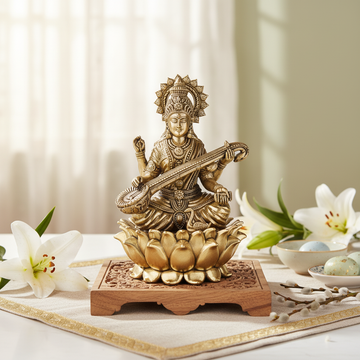 Fine Brass Saraswati Idol on Lotus – Medium Size