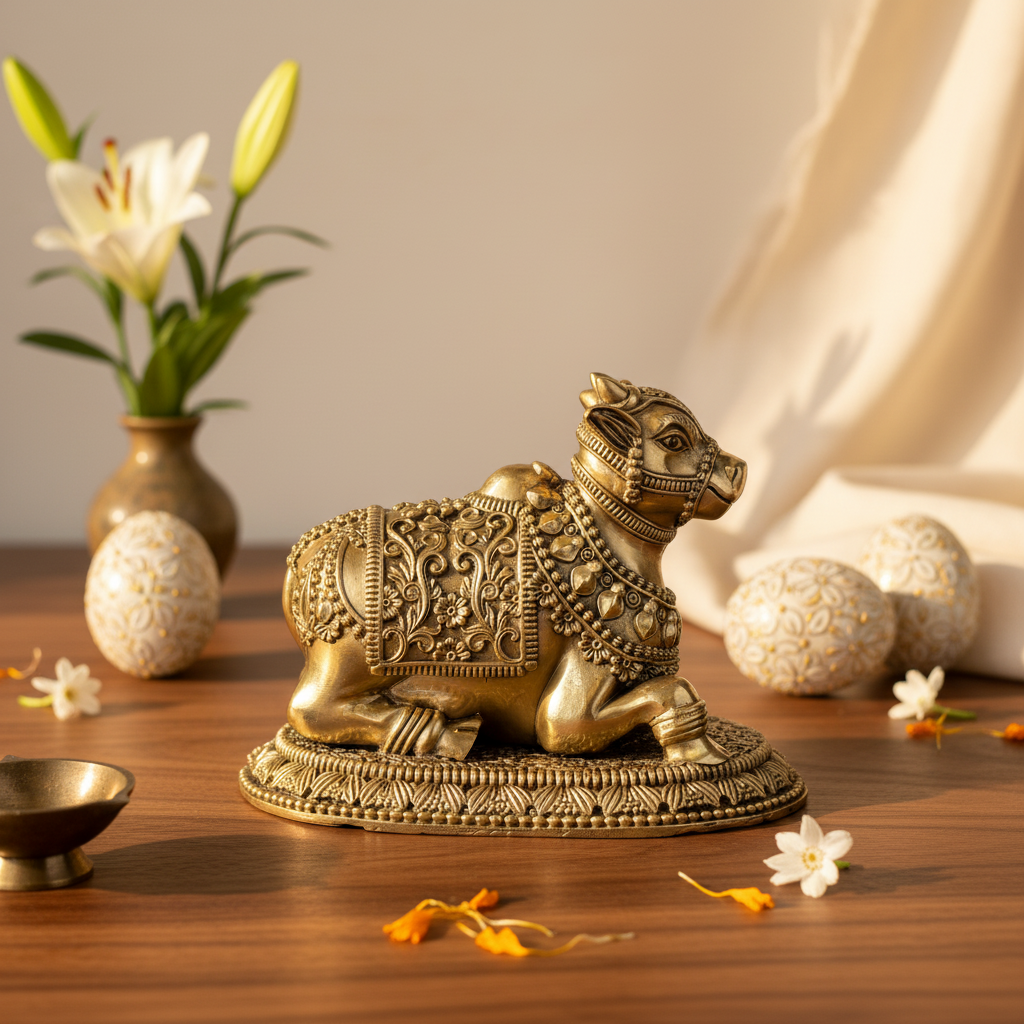 Antique Brass Nandi Bull Idol – Sacred Shiva Vehicle Statue