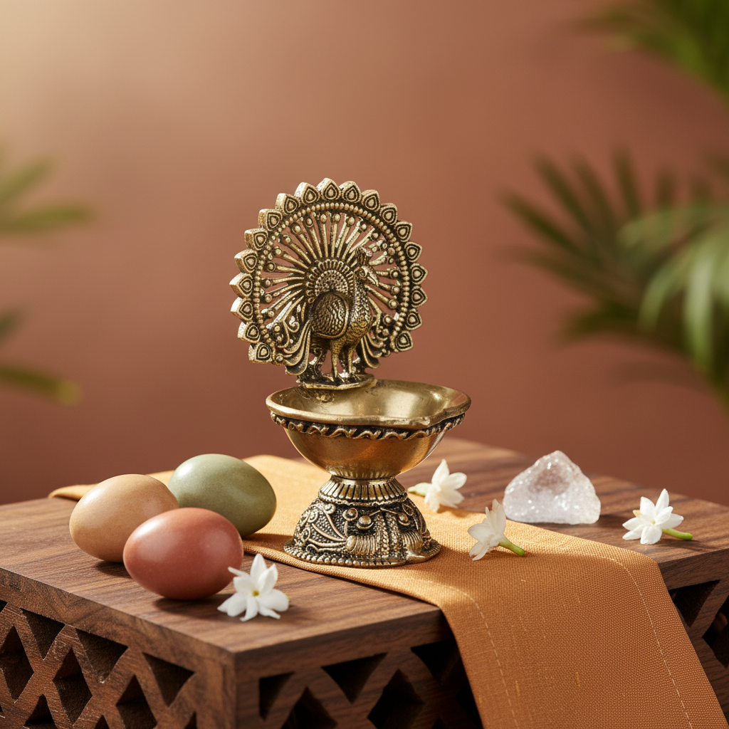 Antique Brass Peacock Diya – Small Oil Lamp for Pooja & Home Décor