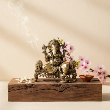 Antique Brass Lord Ganesha Sitting on Sofa Idol | Fine Brass Ganpati Murti