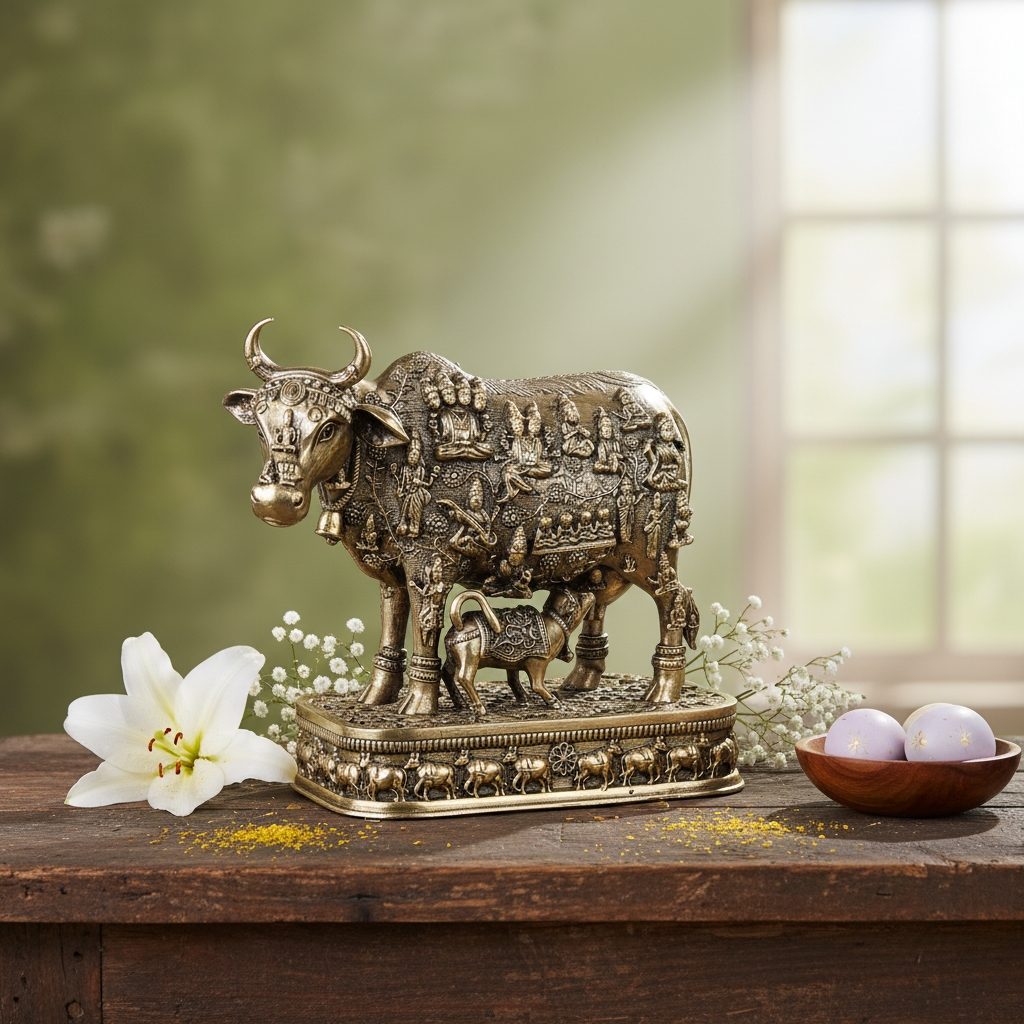 Antique Brass Cow & Calf Idol – Kamdhenu Statue