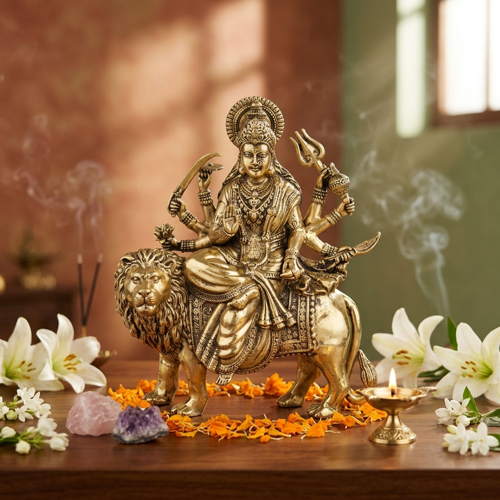 Antique Brass Maa Durga Idol on Lion – Sherawali Murti