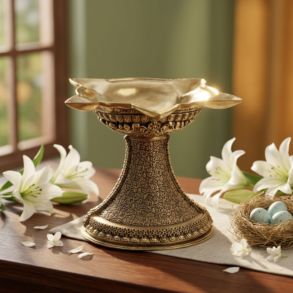 Heavy Antique Brass Lotus Diya Stand | Large Decorative Brass Oil Lamp