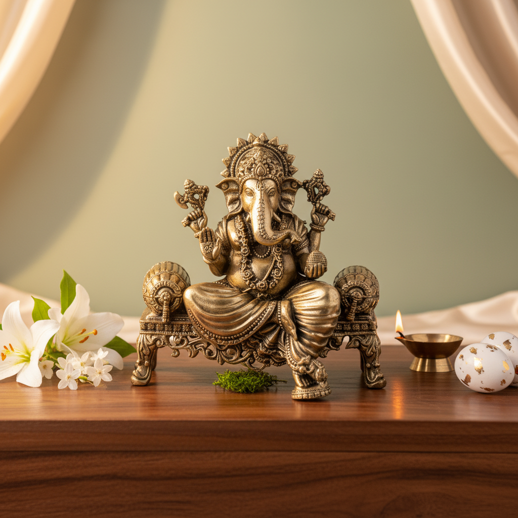 Antique Brass Lord Ganesha Idol Sitting on Royal Sofa | Fine Brass Ganpati Murti