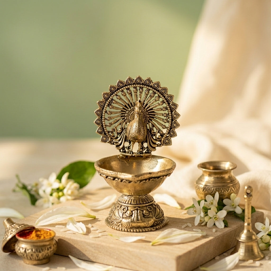Antique Brass Peacock Diya Stand | Mor Design Oil Lamp