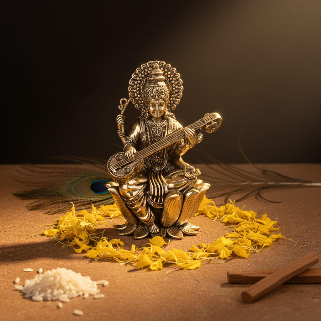 Antique Brass Goddess Saraswati Sitting on Lotus Idol