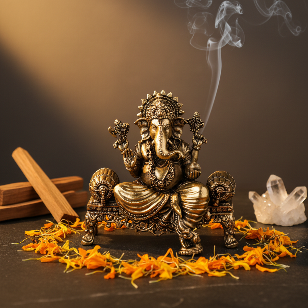 Antique Brass Lord Ganesha Idol Sitting on Royal Sofa | Fine Brass Ganpati Murti