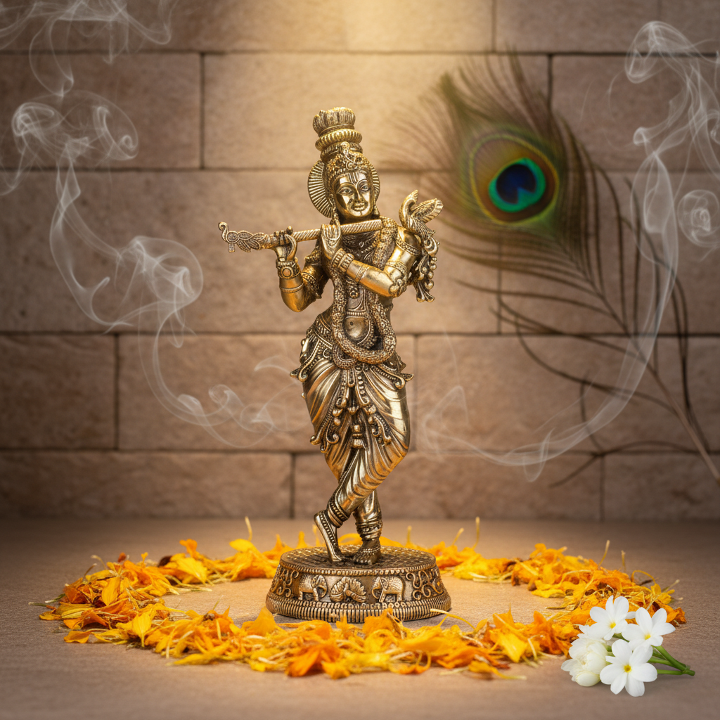 Antique Brass Lord Krishna Idol – Fine Brass Standing Krishna Murti