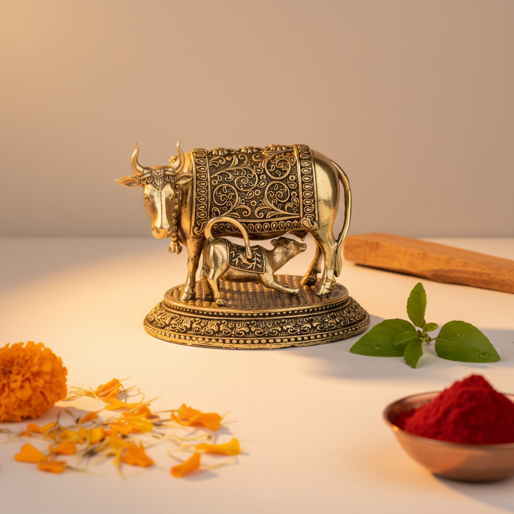 Antique Brass Kamdhenu Cow with Calf Idol | Fine Brass Gau Mata