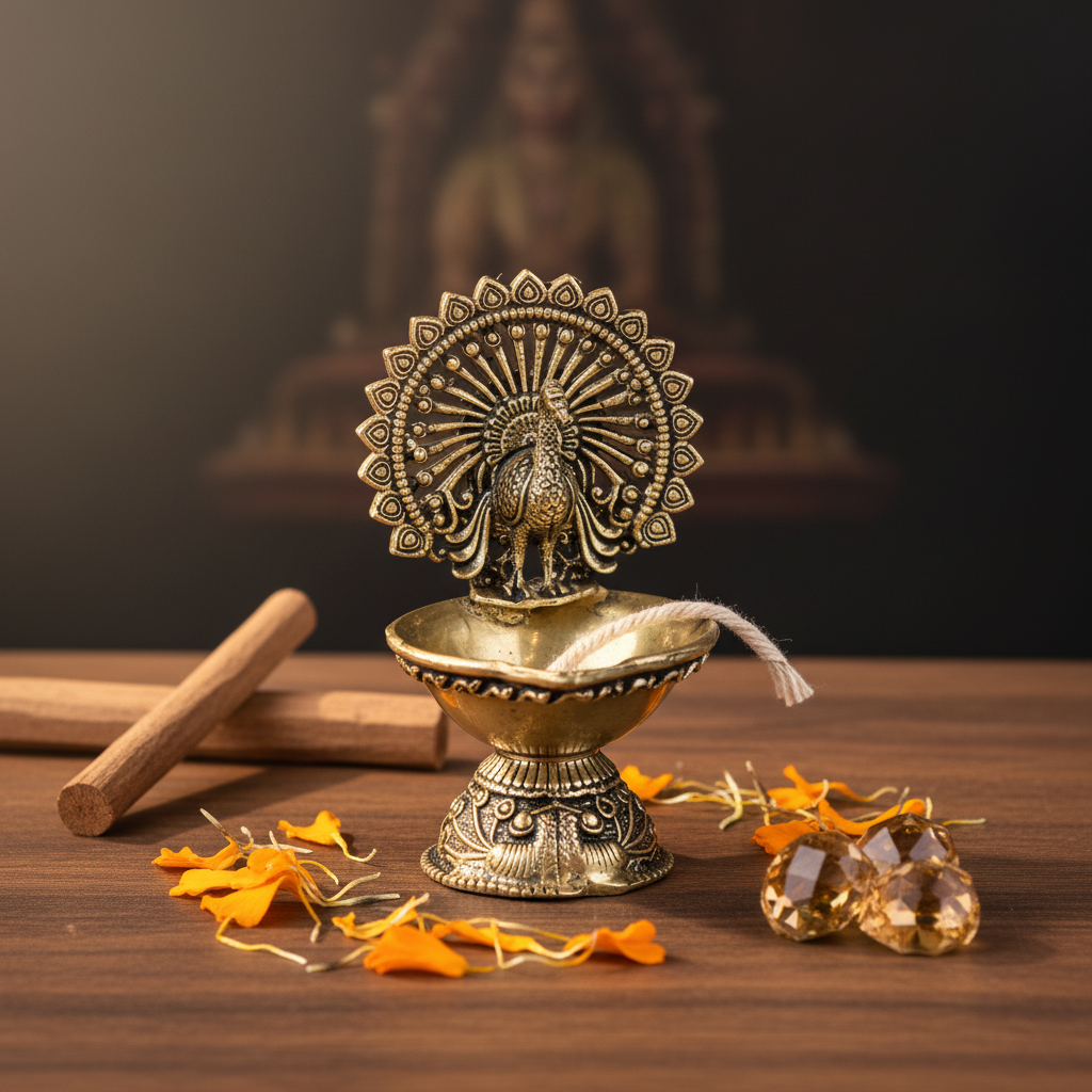 Antique Brass Peacock Diya – Small Oil Lamp for Pooja & Home Décor