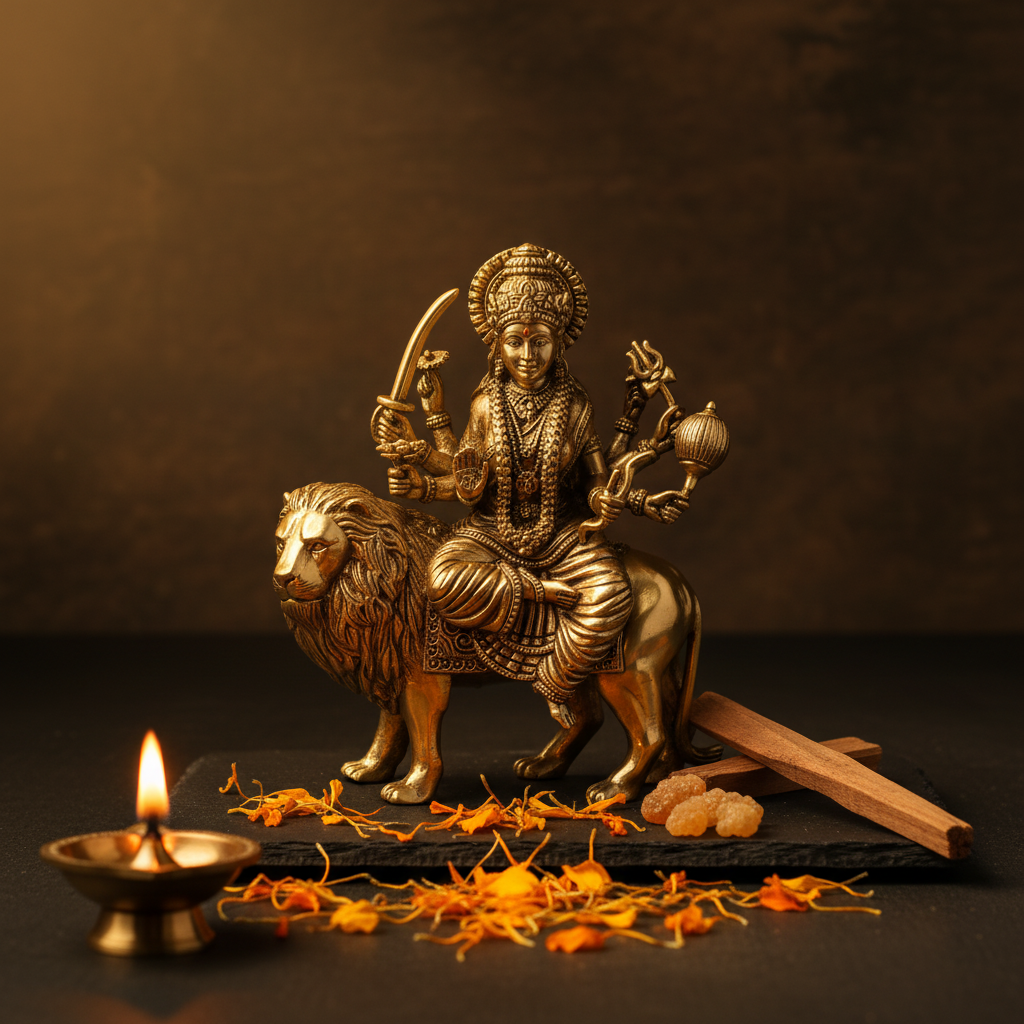 Fine Brass Durga Maa Idol with Lion – Medium Size