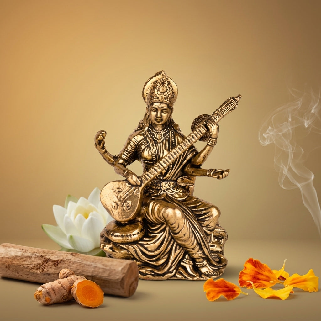 Antique Brass Goddess Saraswati Idol with Veena | Maa Saraswati Murti