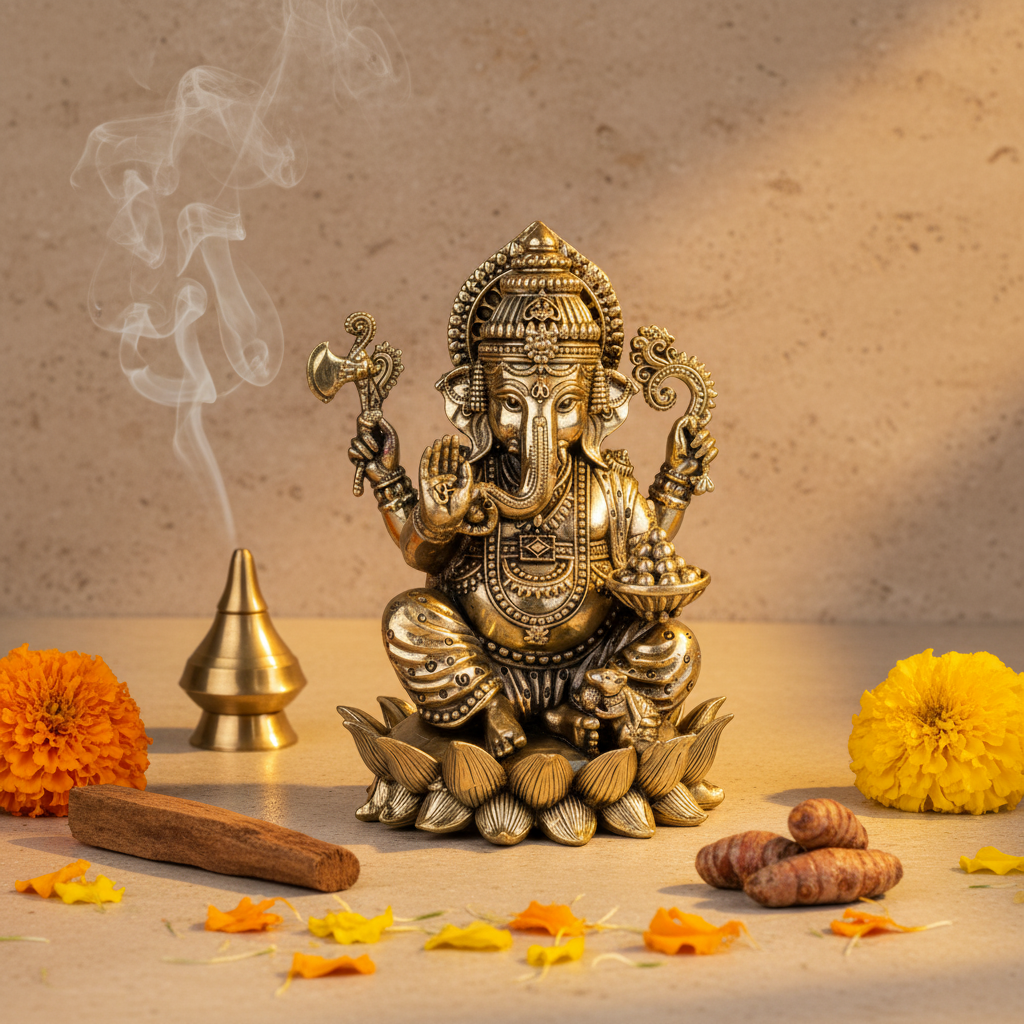 Antique Brass Lord Ganesha Idol – Lotus Base Pooja Murti