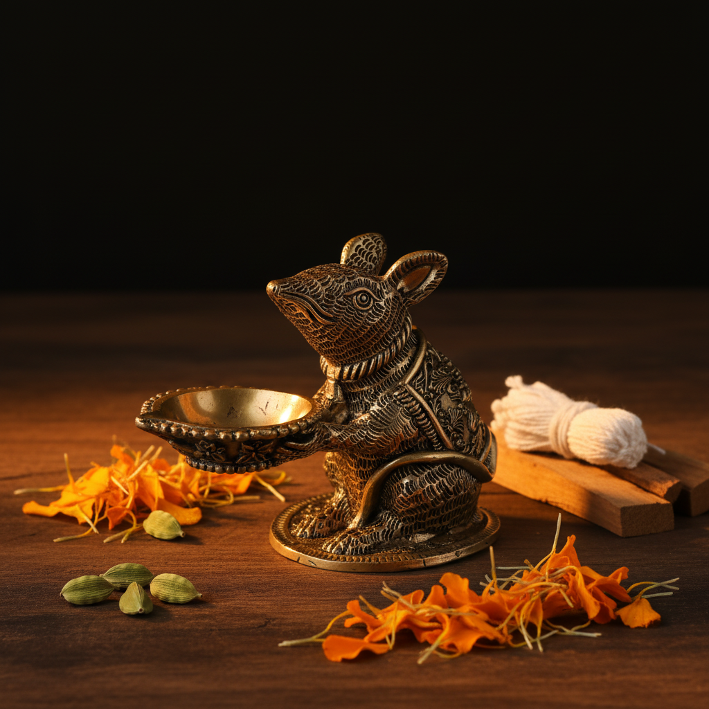Antique Brass Mooshak (Mouse) Diya | Fine Brass Ganesh Ji Vahan Deepak