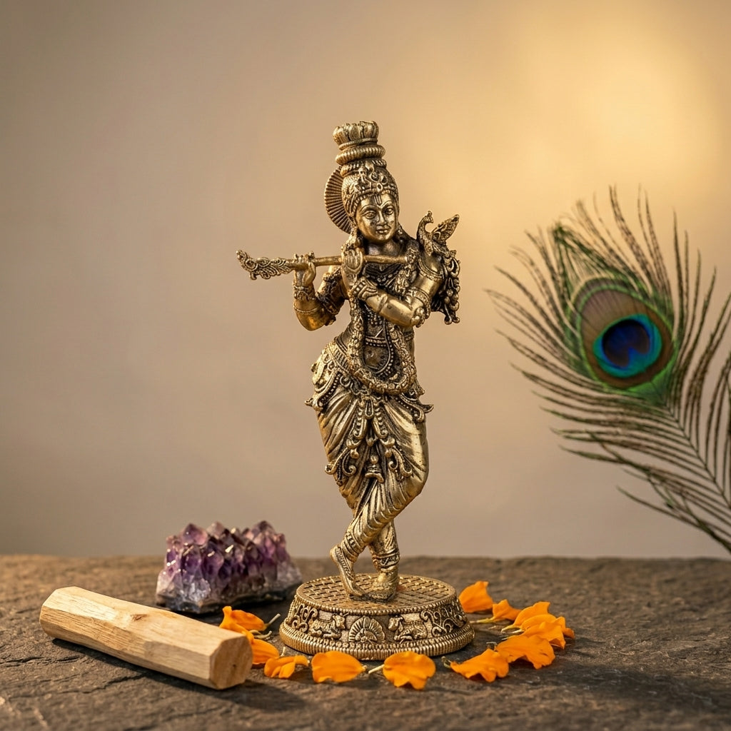 Antique Brass Standing Krishna Idol – Flute Kanha Murti for Love & Harmony