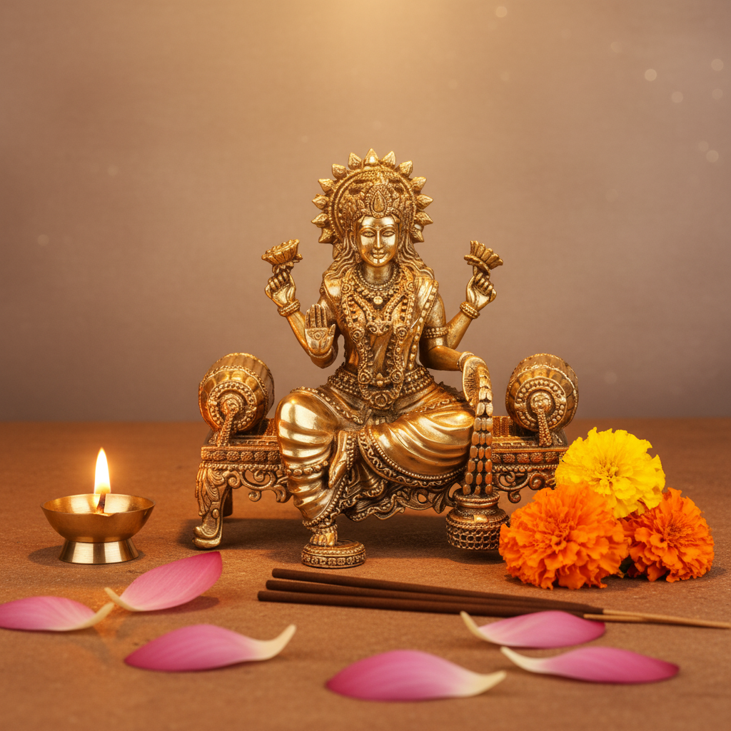 Antique Brass Goddess Lakshmi Sitting on Sofa Idol | Fine Brass Laxmi Murti