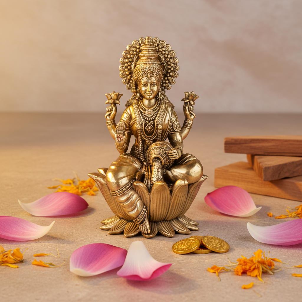 Antique Brass Goddess Lakshmi Sitting on Lotus Idol | Fine Brass Laxmi Murti
