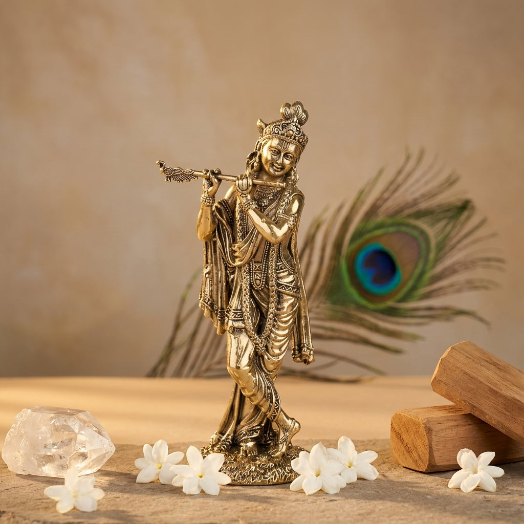 Antique Brass Krishna Idol Playing Flute – Kanha Murti for Love & Peace