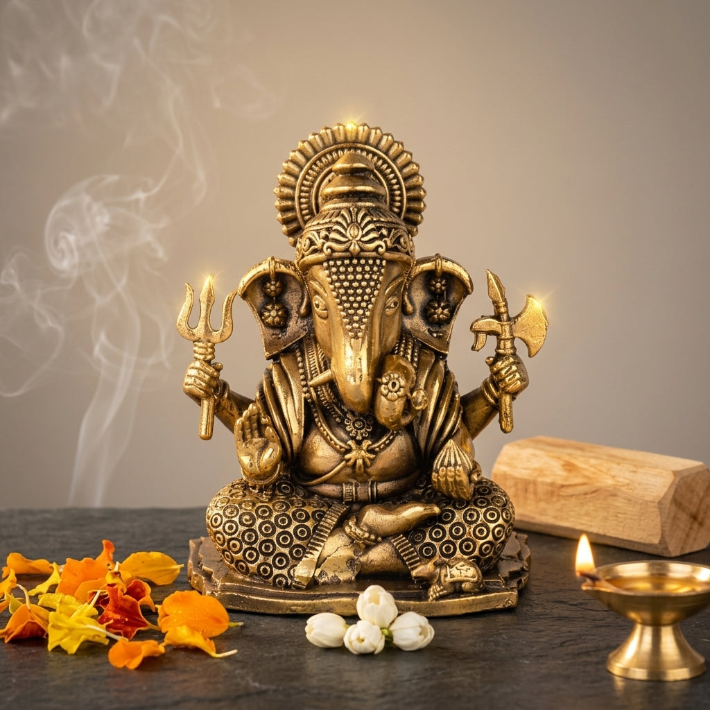 Antique Brass Lord Ganesha Idol with Trishul & Axe | Ganpati Murti