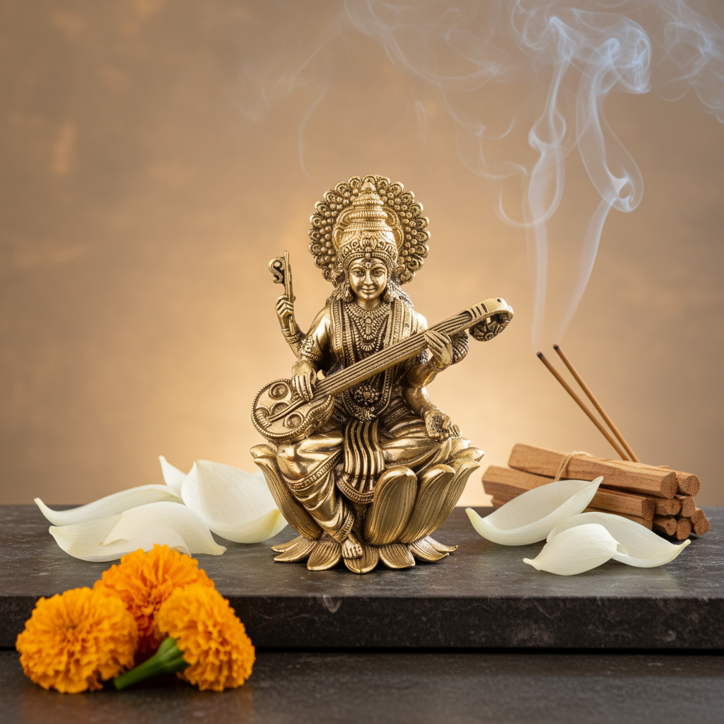 Antique Brass Goddess Saraswati Idol Sitting on Lotus