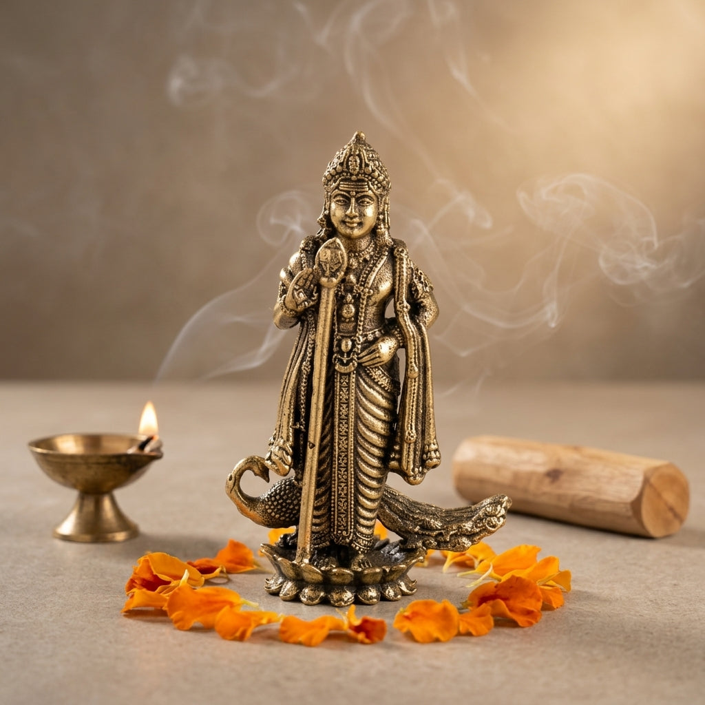 Antique Brass Lord Kartikeya Idol – Murugan Swami Murti with Peacock