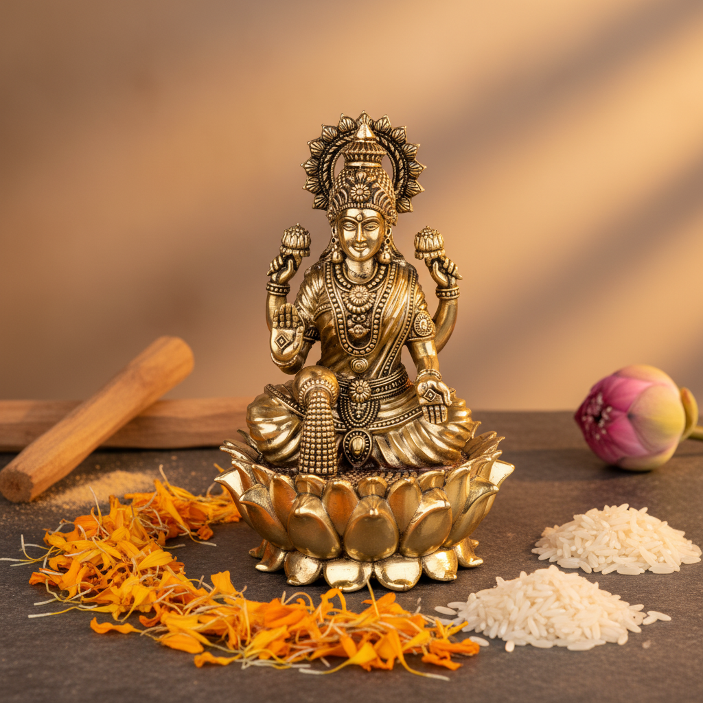 Fine Brass Goddess Lakshmi Idol on Lotus – Medium Size