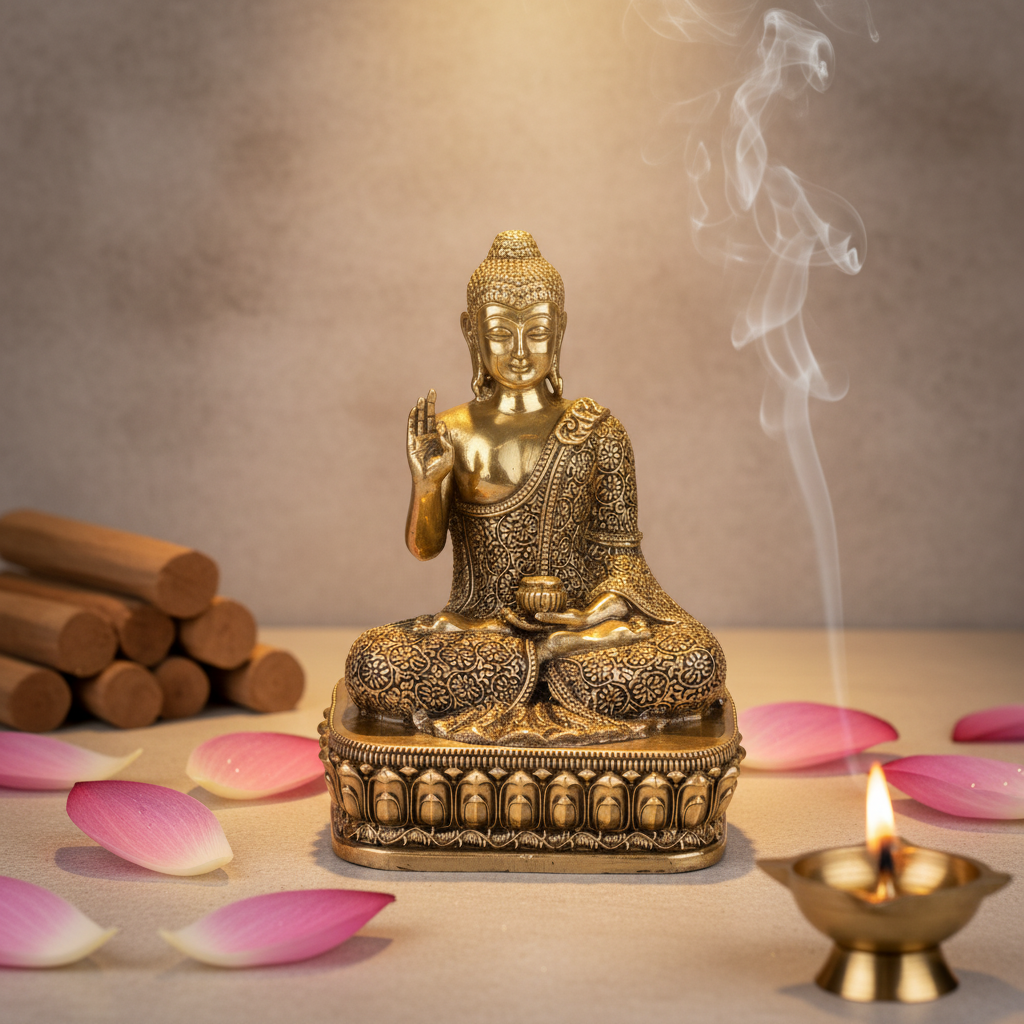Fine Brass Meditating Buddha Idol for Home Décor