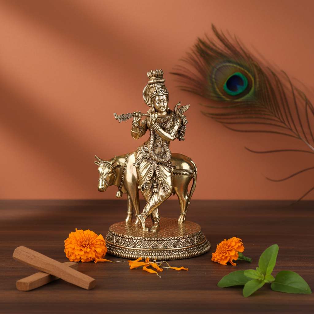 Fine Brass Krishna Cow Idol – Medium Size