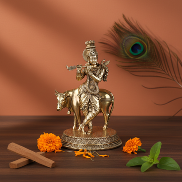 Fine Brass Krishna Cow Idol – Medium Size