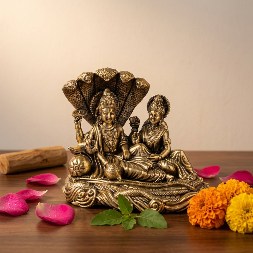 Fine Brass Vishnu Lakshmi Idol on Sheshnag – Decorative Spiritual Showpiece